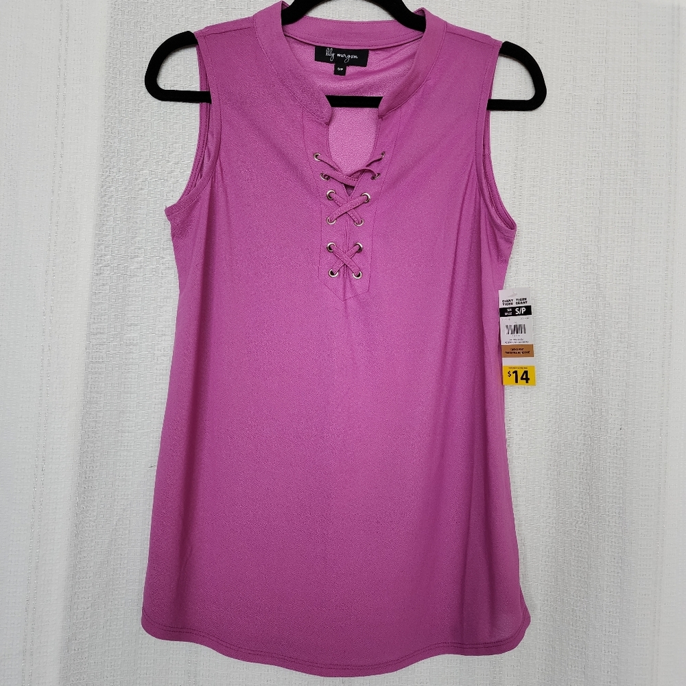 NWT  PINK SLEEVELESS BLOUSE 1/4 LACE UP FRONT BY LILY MORGAN - SIZE SMALL
